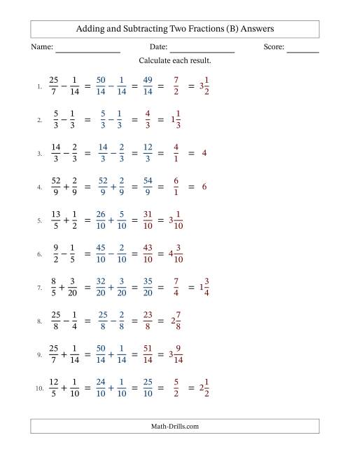 The Adding and Subtracting Proper and Improper Fractions with Similar Denominators, Mixed Fractions Results and Some Simplifying (B) Math Worksheet Page 2