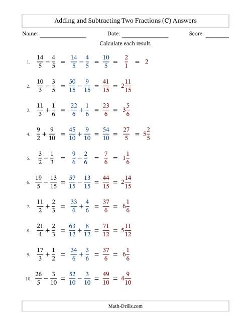 The Adding and Subtracting Proper and Improper Fractions with Similar Denominators, Mixed Fractions Results and Some Simplifying (C) Math Worksheet Page 2