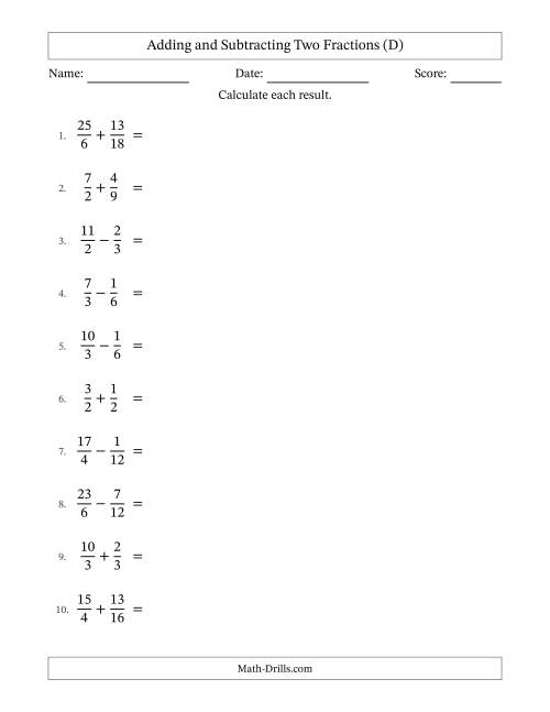 The Adding and Subtracting Proper and Improper Fractions with Similar Denominators, Mixed Fractions Results and Some Simplifying (D) Math Worksheet