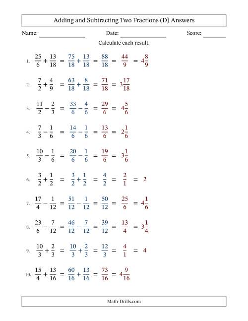 The Adding and Subtracting Proper and Improper Fractions with Similar Denominators, Mixed Fractions Results and Some Simplifying (D) Math Worksheet Page 2