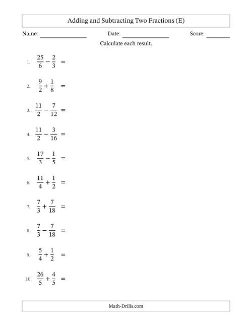 The Adding and Subtracting Proper and Improper Fractions with Similar Denominators, Mixed Fractions Results and Some Simplifying (E) Math Worksheet