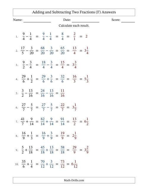 The Adding and Subtracting Proper and Improper Fractions with Similar Denominators, Mixed Fractions Results and Some Simplifying (F) Math Worksheet Page 2