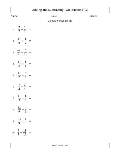 The Adding and Subtracting Proper and Improper Fractions with Similar Denominators, Mixed Fractions Results and Some Simplifying (G) Math Worksheet