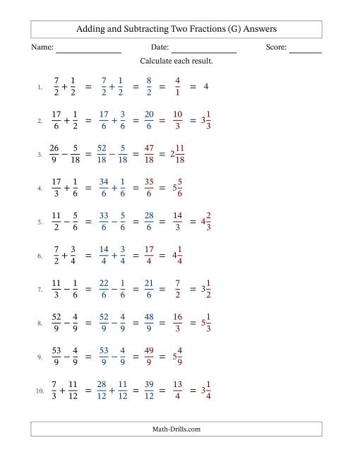 The Adding and Subtracting Proper and Improper Fractions with Similar Denominators, Mixed Fractions Results and Some Simplifying (G) Math Worksheet Page 2