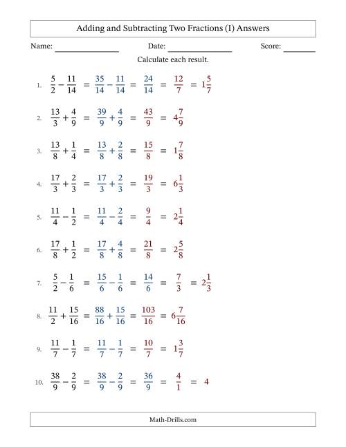 The Adding and Subtracting Proper and Improper Fractions with Similar Denominators, Mixed Fractions Results and Some Simplifying (I) Math Worksheet Page 2