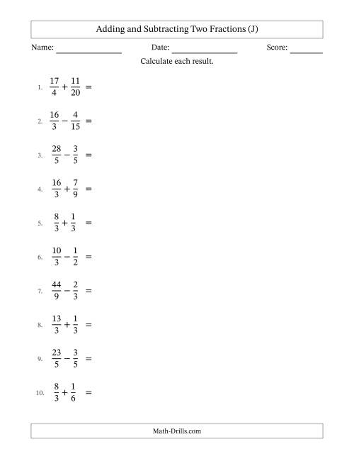 The Adding and Subtracting Proper and Improper Fractions with Similar Denominators, Mixed Fractions Results and Some Simplifying (J) Math Worksheet