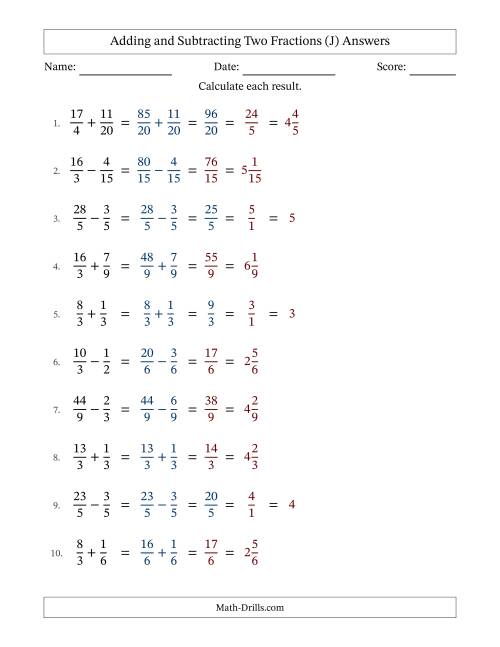 The Adding and Subtracting Proper and Improper Fractions with Similar Denominators, Mixed Fractions Results and Some Simplifying (J) Math Worksheet Page 2