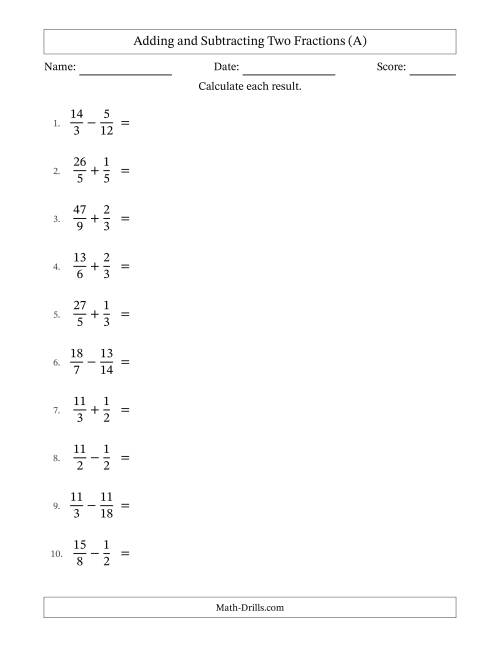 The Adding and Subtracting Proper and Improper Fractions with Similar Denominators, Mixed Fractions Results and Some Simplifying (All) Math Worksheet