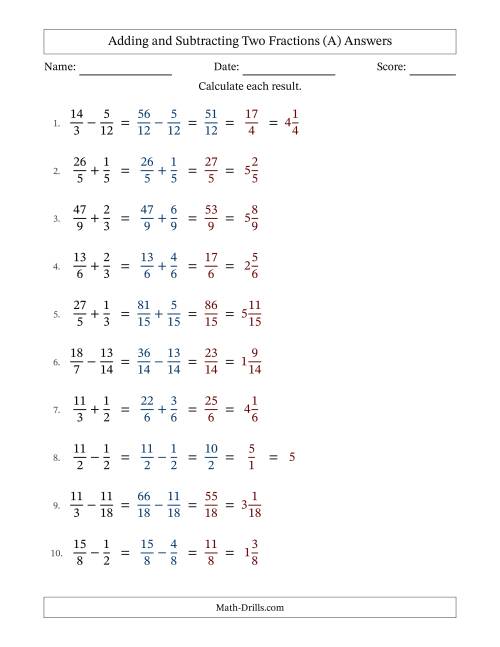 The Adding and Subtracting Proper and Improper Fractions with Similar Denominators, Mixed Fractions Results and Some Simplifying (All) Math Worksheet Page 2