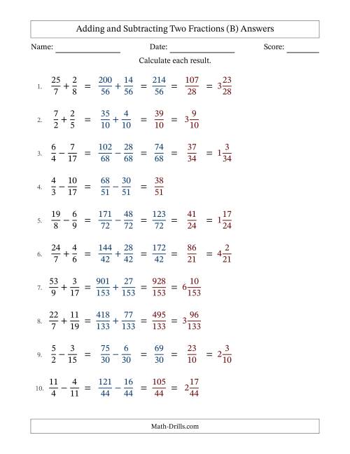 The Adding and Subtracting Proper and Improper Fractions with Unlike Denominators, Mixed Fractions Results and Some Simplifying (B) Math Worksheet Page 2