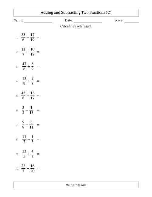 The Adding and Subtracting Proper and Improper Fractions with Unlike Denominators, Mixed Fractions Results and Some Simplifying (C) Math Worksheet