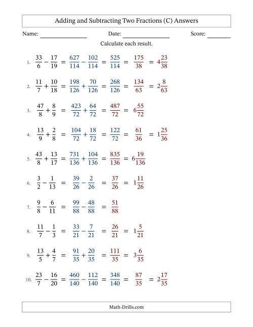 The Adding and Subtracting Proper and Improper Fractions with Unlike Denominators, Mixed Fractions Results and Some Simplifying (C) Math Worksheet Page 2