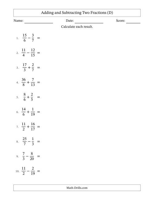 The Adding and Subtracting Proper and Improper Fractions with Unlike Denominators, Mixed Fractions Results and Some Simplifying (D) Math Worksheet