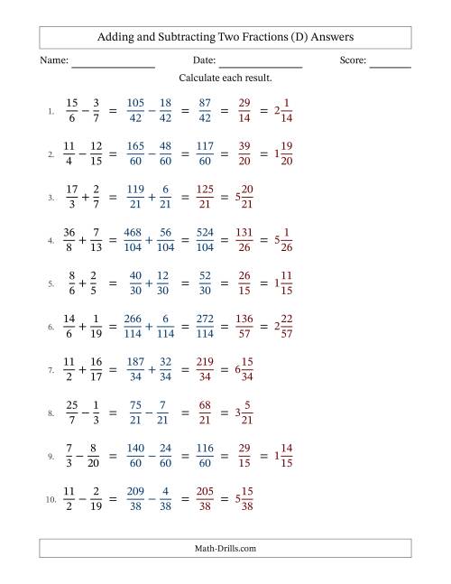 The Adding and Subtracting Proper and Improper Fractions with Unlike Denominators, Mixed Fractions Results and Some Simplifying (D) Math Worksheet Page 2