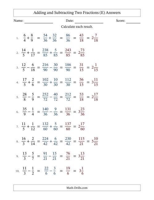 The Adding and Subtracting Proper and Improper Fractions with Unlike Denominators, Mixed Fractions Results and Some Simplifying (E) Math Worksheet Page 2