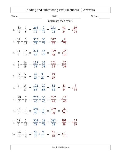 The Adding and Subtracting Proper and Improper Fractions with Unlike Denominators, Mixed Fractions Results and Some Simplifying (F) Math Worksheet Page 2