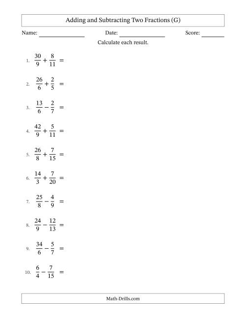 The Adding and Subtracting Proper and Improper Fractions with Unlike Denominators, Mixed Fractions Results and Some Simplifying (G) Math Worksheet
