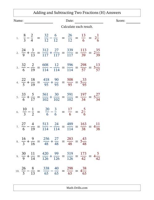 The Adding and Subtracting Proper and Improper Fractions with Unlike Denominators, Mixed Fractions Results and Some Simplifying (H) Math Worksheet Page 2
