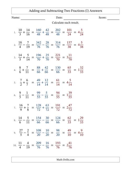 The Adding and Subtracting Proper and Improper Fractions with Unlike Denominators, Mixed Fractions Results and Some Simplifying (I) Math Worksheet Page 2