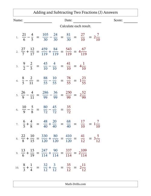 The Adding and Subtracting Proper and Improper Fractions with Unlike Denominators, Mixed Fractions Results and Some Simplifying (J) Math Worksheet Page 2
