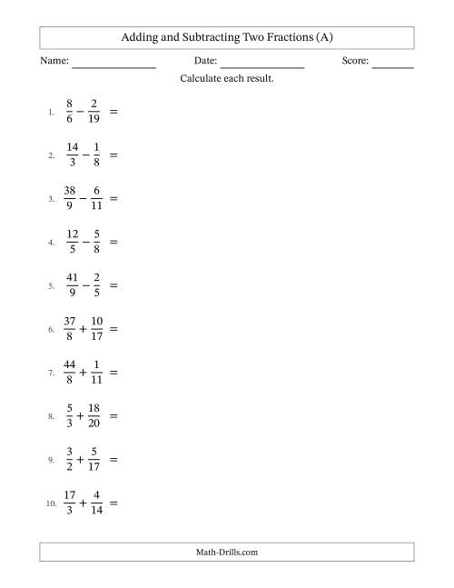 The Adding and Subtracting Proper and Improper Fractions with Unlike Denominators, Mixed Fractions Results and Some Simplifying (All) Math Worksheet