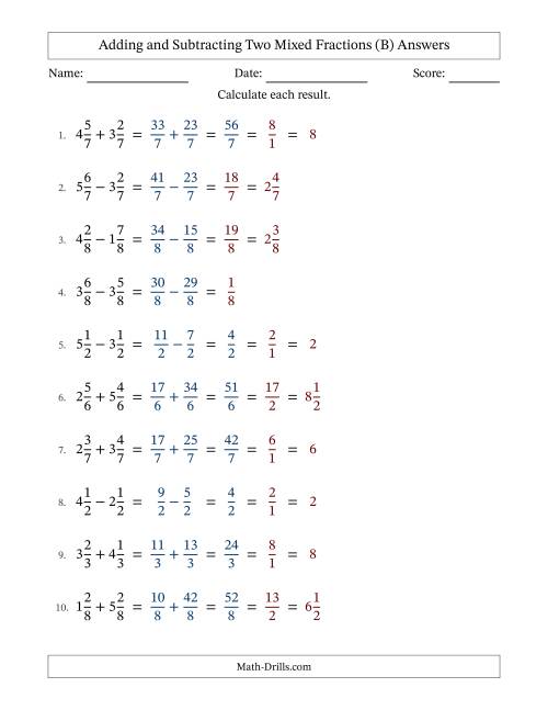 The Adding and Subtracting Two Mixed Fractions with Equal Denominators, Mixed Fractions Results and Some Simplifying (B) Math Worksheet Page 2