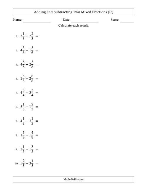 The Adding and Subtracting Two Mixed Fractions with Equal Denominators, Mixed Fractions Results and Some Simplifying (C) Math Worksheet