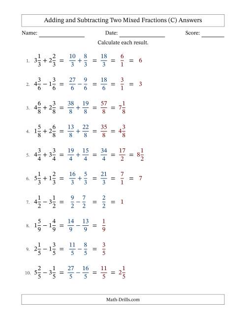 The Adding and Subtracting Two Mixed Fractions with Equal Denominators, Mixed Fractions Results and Some Simplifying (C) Math Worksheet Page 2