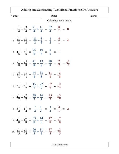 The Adding and Subtracting Two Mixed Fractions with Equal Denominators, Mixed Fractions Results and Some Simplifying (D) Math Worksheet Page 2