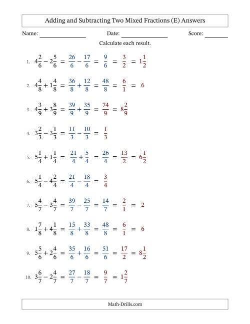 The Adding and Subtracting Two Mixed Fractions with Equal Denominators, Mixed Fractions Results and Some Simplifying (E) Math Worksheet Page 2