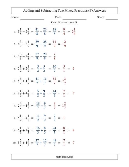 The Adding and Subtracting Two Mixed Fractions with Equal Denominators, Mixed Fractions Results and Some Simplifying (F) Math Worksheet Page 2