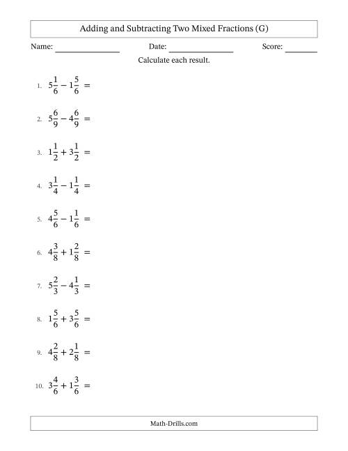 The Adding and Subtracting Two Mixed Fractions with Equal Denominators, Mixed Fractions Results and Some Simplifying (G) Math Worksheet