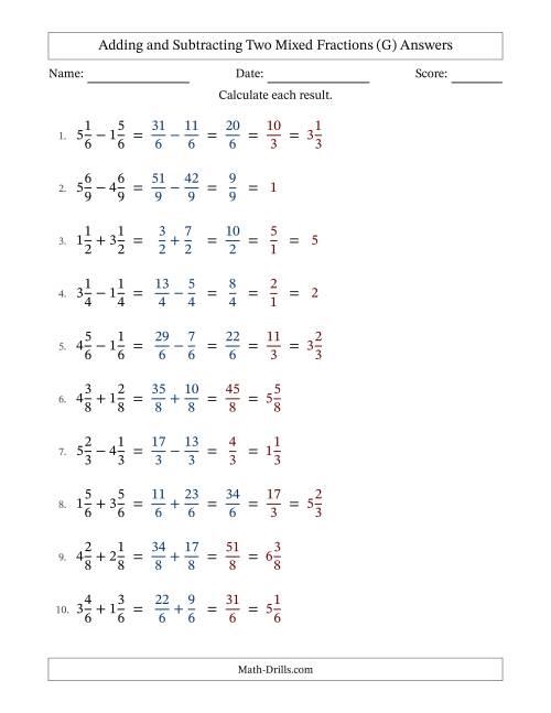 The Adding and Subtracting Two Mixed Fractions with Equal Denominators, Mixed Fractions Results and Some Simplifying (G) Math Worksheet Page 2