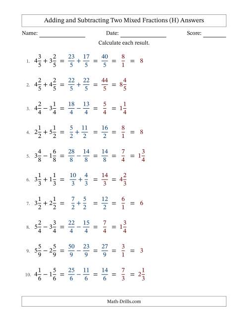 The Adding and Subtracting Two Mixed Fractions with Equal Denominators, Mixed Fractions Results and Some Simplifying (H) Math Worksheet Page 2