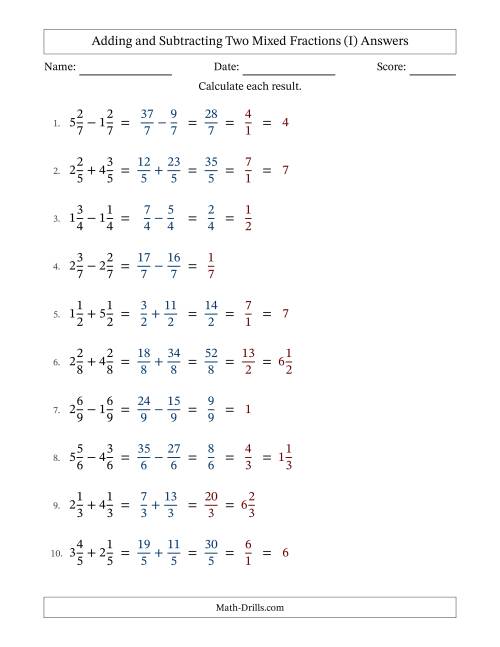 The Adding and Subtracting Two Mixed Fractions with Equal Denominators, Mixed Fractions Results and Some Simplifying (I) Math Worksheet Page 2