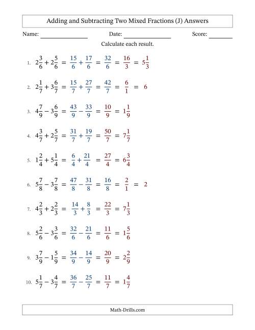 The Adding and Subtracting Two Mixed Fractions with Equal Denominators, Mixed Fractions Results and Some Simplifying (J) Math Worksheet Page 2