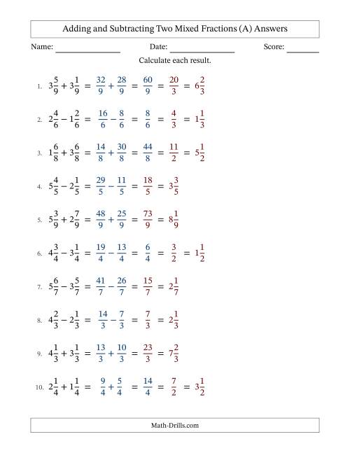 The Adding and Subtracting Two Mixed Fractions with Equal Denominators, Mixed Fractions Results and Some Simplifying (All) Math Worksheet Page 2