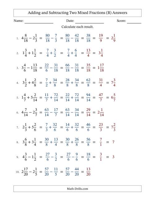 The Adding and Subtracting Two Mixed Fractions with Similar Denominators, Mixed Fractions Results and Some Simplifying (B) Math Worksheet Page 2