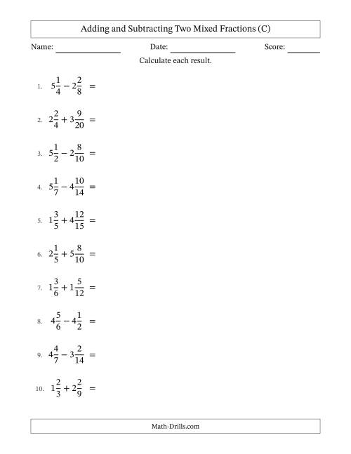 The Adding and Subtracting Two Mixed Fractions with Similar Denominators, Mixed Fractions Results and Some Simplifying (C) Math Worksheet