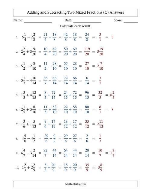 The Adding and Subtracting Two Mixed Fractions with Similar Denominators, Mixed Fractions Results and Some Simplifying (C) Math Worksheet Page 2