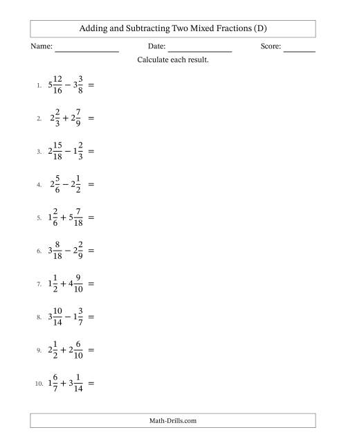 The Adding and Subtracting Two Mixed Fractions with Similar Denominators, Mixed Fractions Results and Some Simplifying (D) Math Worksheet