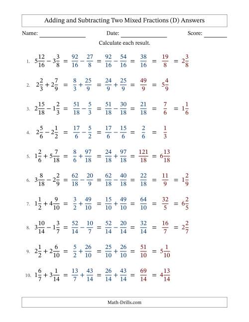 The Adding and Subtracting Two Mixed Fractions with Similar Denominators, Mixed Fractions Results and Some Simplifying (D) Math Worksheet Page 2