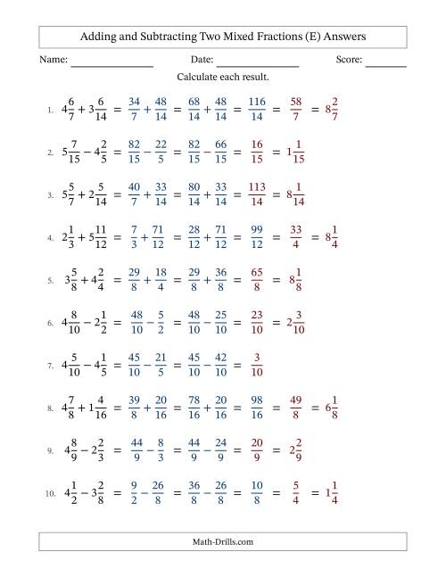 The Adding and Subtracting Two Mixed Fractions with Similar Denominators, Mixed Fractions Results and Some Simplifying (E) Math Worksheet Page 2