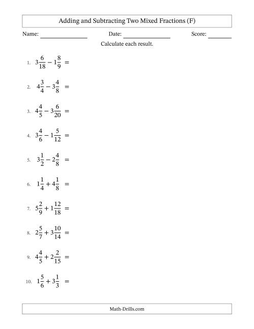 The Adding and Subtracting Two Mixed Fractions with Similar Denominators, Mixed Fractions Results and Some Simplifying (F) Math Worksheet