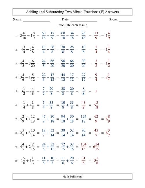 The Adding and Subtracting Two Mixed Fractions with Similar Denominators, Mixed Fractions Results and Some Simplifying (F) Math Worksheet Page 2