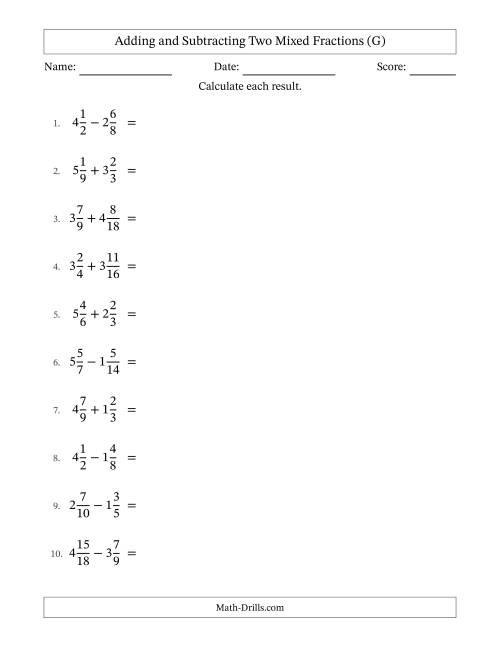 The Adding and Subtracting Two Mixed Fractions with Similar Denominators, Mixed Fractions Results and Some Simplifying (G) Math Worksheet