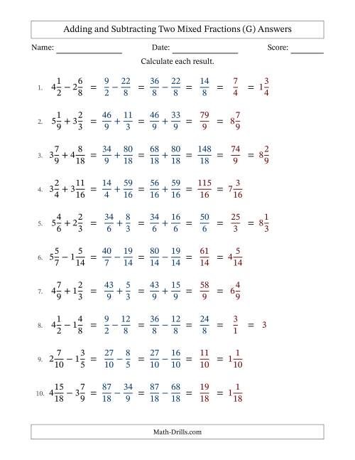 The Adding and Subtracting Two Mixed Fractions with Similar Denominators, Mixed Fractions Results and Some Simplifying (G) Math Worksheet Page 2