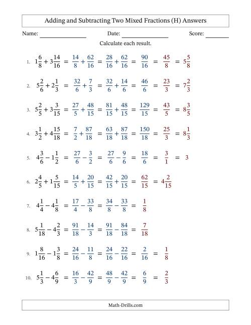 The Adding and Subtracting Two Mixed Fractions with Similar Denominators, Mixed Fractions Results and Some Simplifying (H) Math Worksheet Page 2