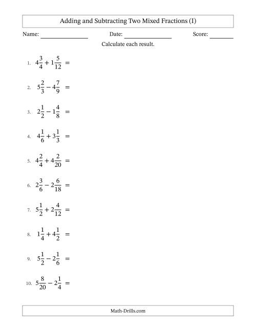 The Adding and Subtracting Two Mixed Fractions with Similar Denominators, Mixed Fractions Results and Some Simplifying (I) Math Worksheet