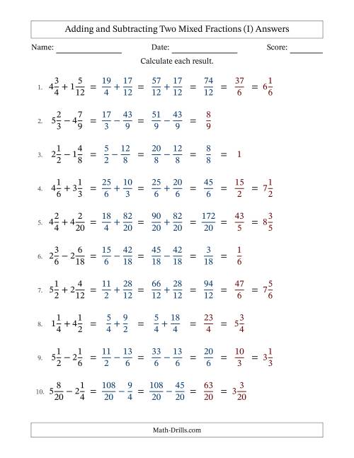 The Adding and Subtracting Two Mixed Fractions with Similar Denominators, Mixed Fractions Results and Some Simplifying (I) Math Worksheet Page 2